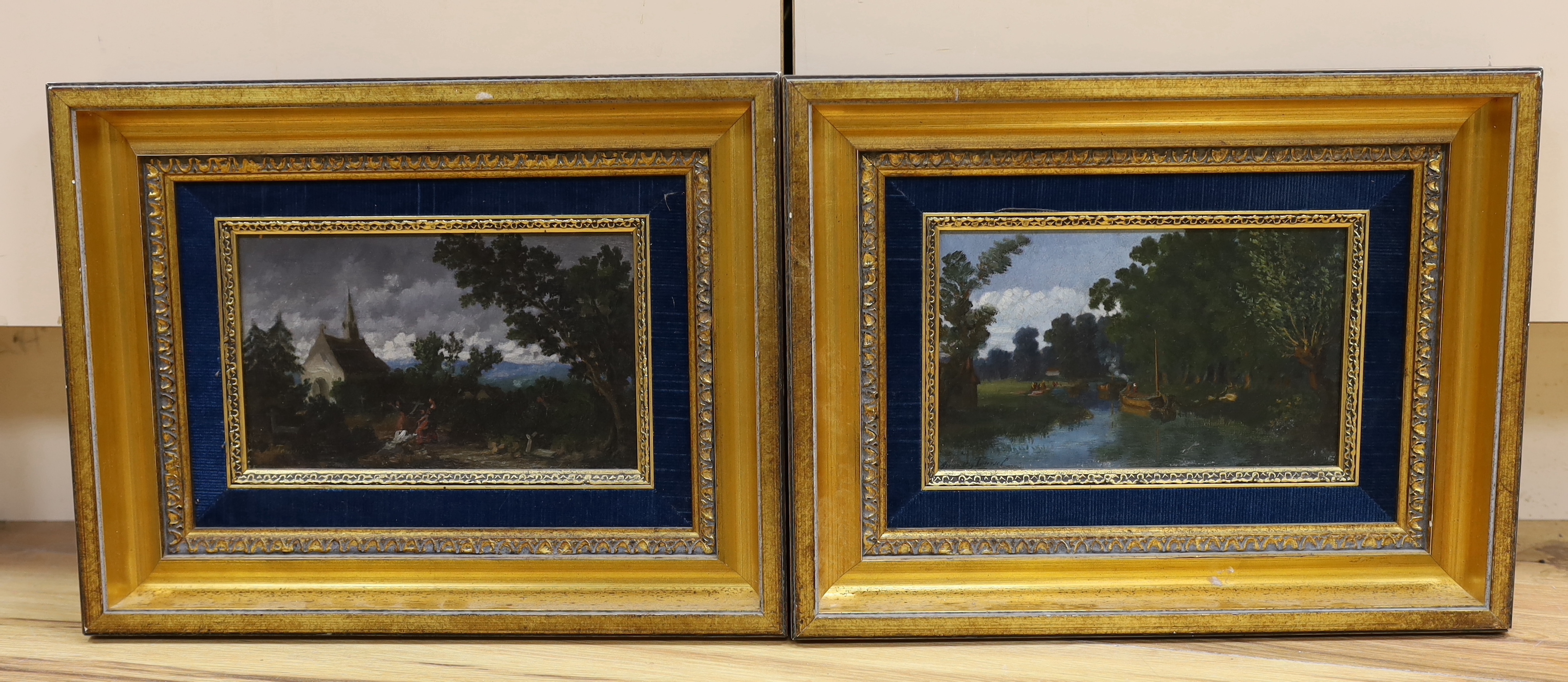 Augustin Toursel (French, 1812-1853), pair of oils on canvas, Churchyard and Riverscape, signed, each 12 x 21cm